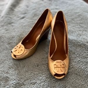 6 ~ Tory Burch Gold Leather Leticia Peep Toe Wedge Pumps